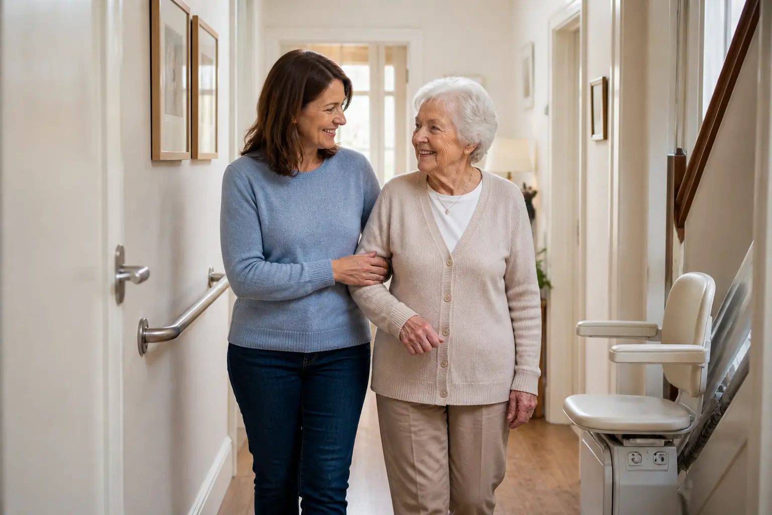 Adult child helping elderly parent at home